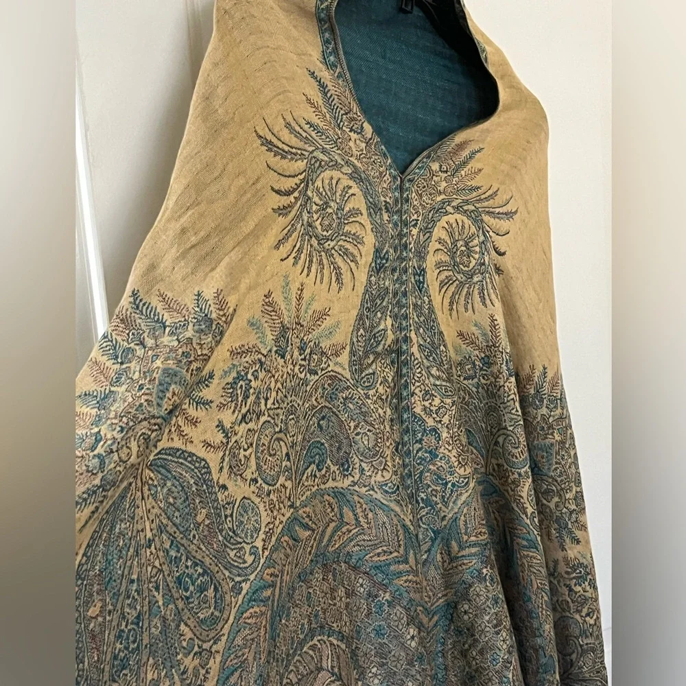 Elegant Tan and Blue Paisley lightweight Shawl one size